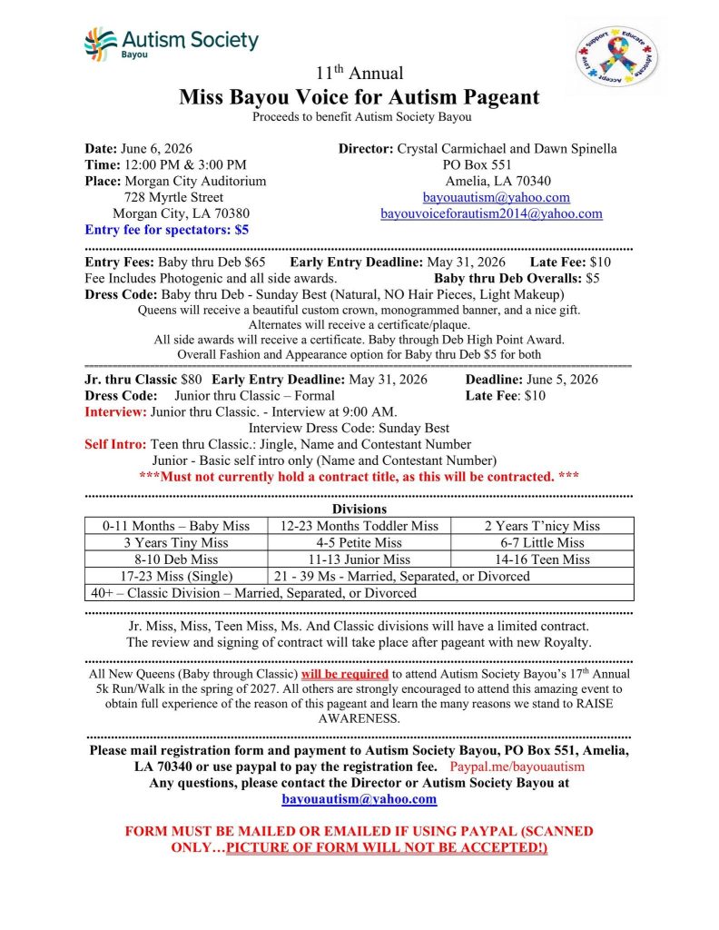 11th Annual Miss Bayou for Autiam Pagent Cajun Coast Visitors
